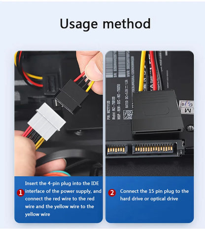 Dual SATA 15-Pin & 4-Pin Molex Power Splitter Cable for PC Hard Drives and SSDs
