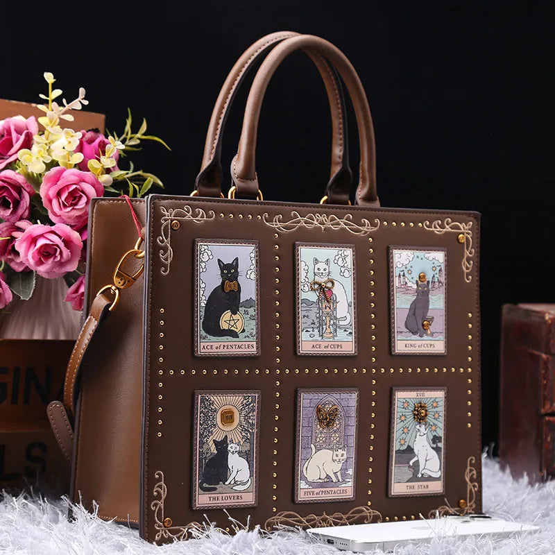 Vintage Cat Print Leather Tote Bag