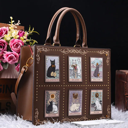 Vintage Cat Print Leather Tote Bag