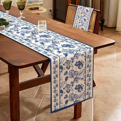 Blue Floral Linen Table Runner