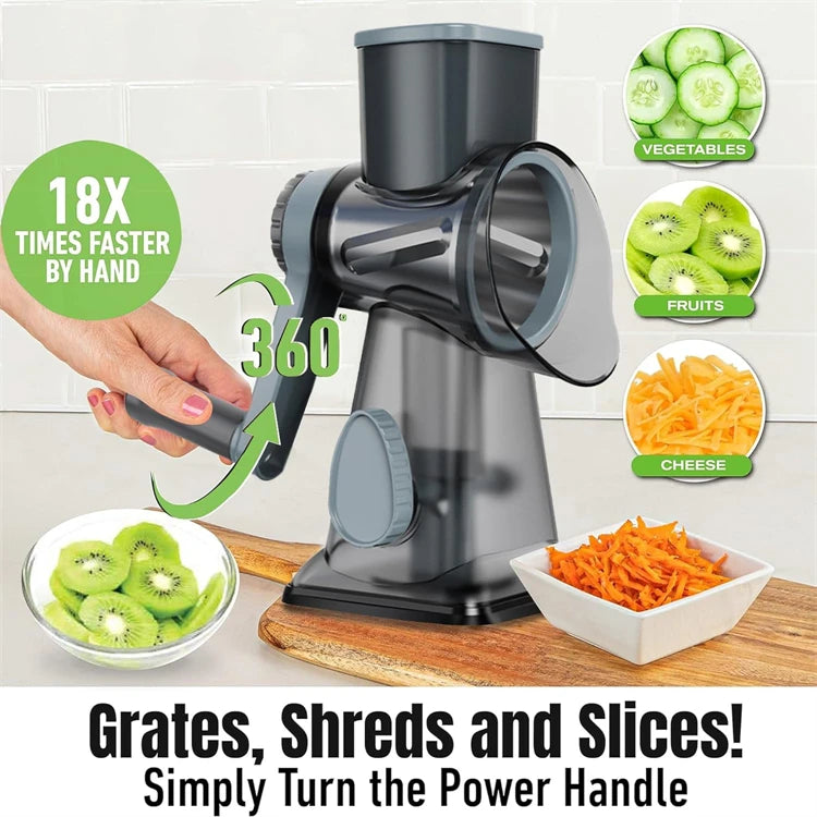 3-in-1 Rotary Cheese Grater & Vegetable Slicer with Stainless Steel Blades