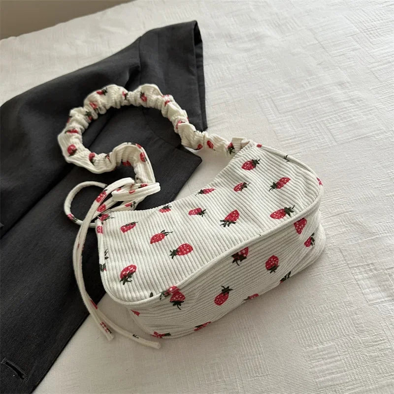 Strawberry Print Corduroy Mini Shoulder Bag
