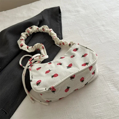 Strawberry Print Corduroy Mini Shoulder Bag