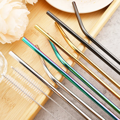 Reusable 304 Stainless Steel Metal Drinking Straws Set with Cleaning Brush