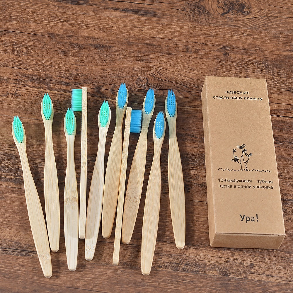 10PCS Natural Bamboo Colourful Toothbrush