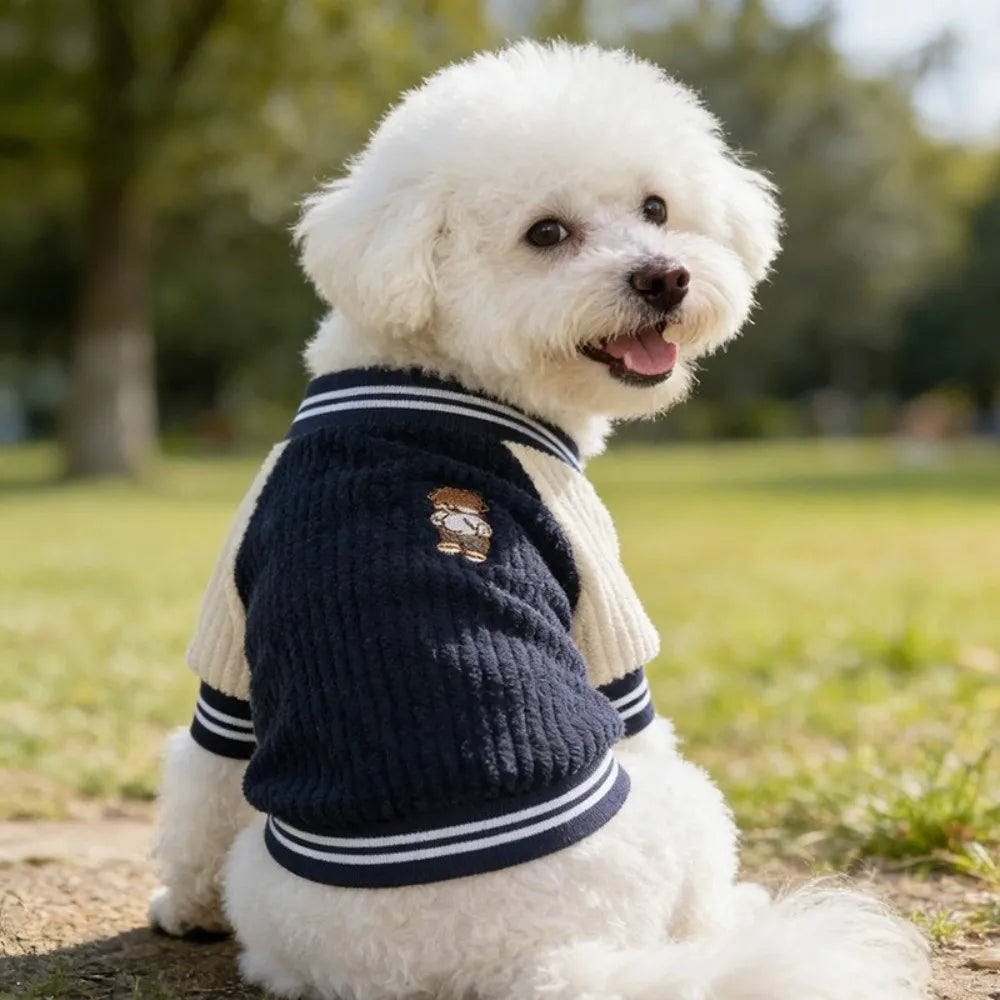Pet Baseball Jacket – Warm Fleece Dog Coat with Embroidery