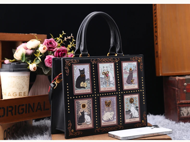 Vintage Cat Print Leather Tote Bag
