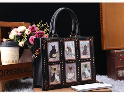 Vintage Cat Print Leather Tote Bag