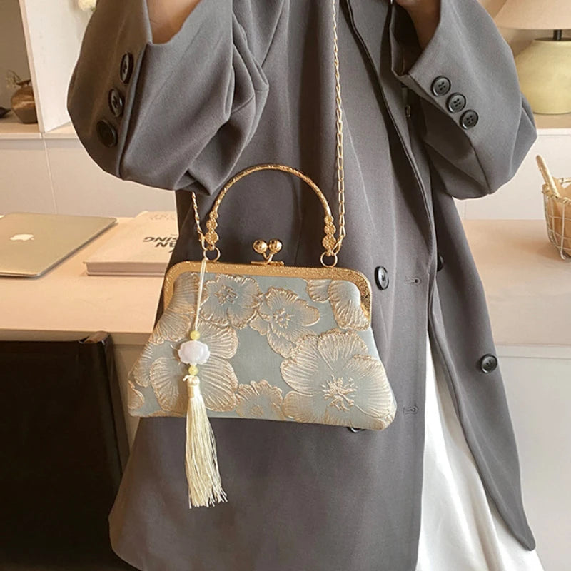 Chinese-Style Embroidered Frame Handbag with Top Handle