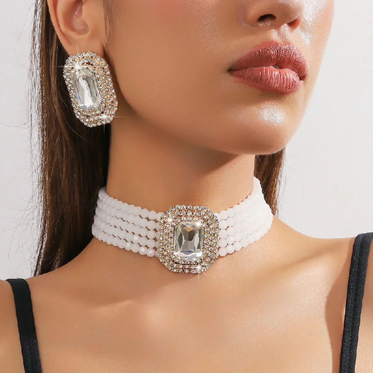 Multilayer Crystal Necklace & Geometric Earring Set