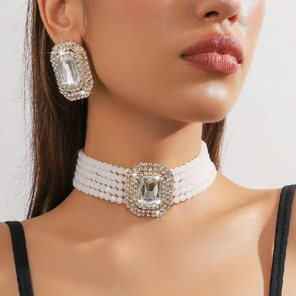Multilayer Crystal Necklace & Geometric Earring Set