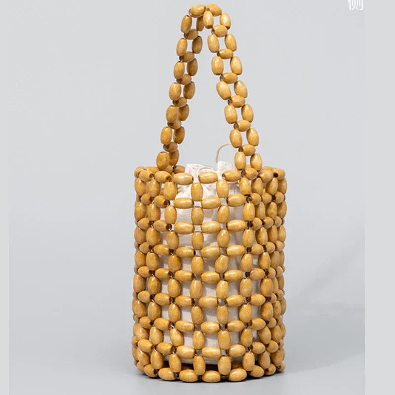 Handmade Woven Wooden Bead Bucket Bag