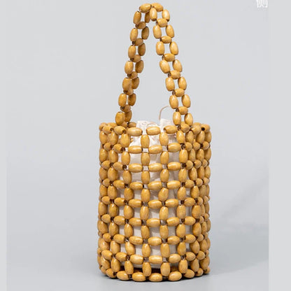 Handmade Woven Wooden Bead Bucket Bag