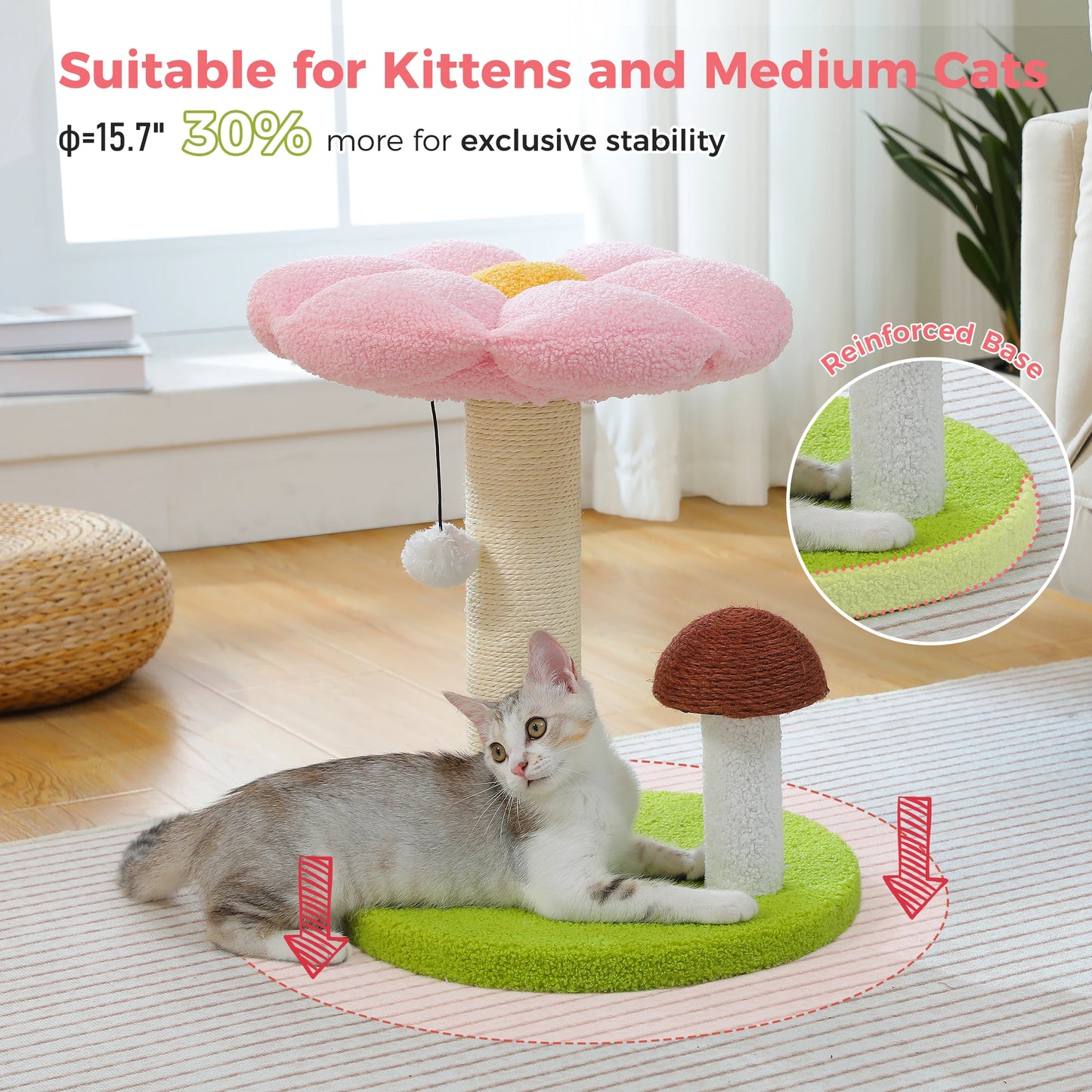Flower Cat Scratching Tree with Mushroom Scratcher & Plush Bed