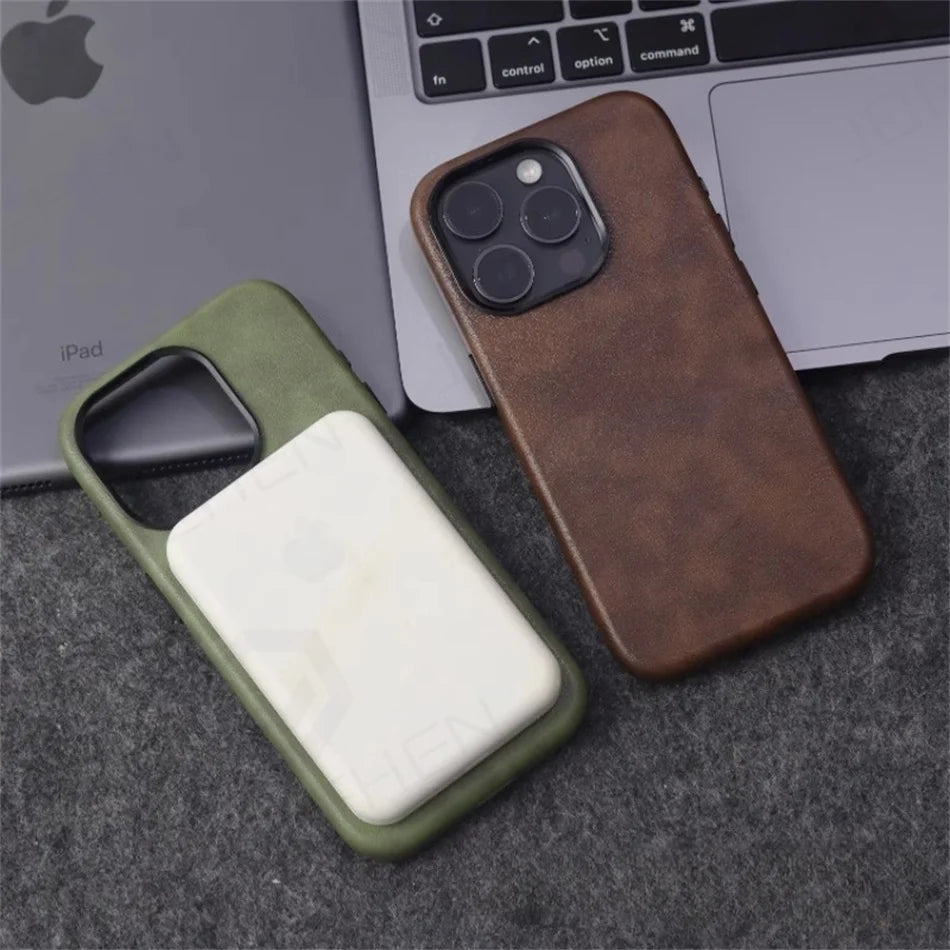 Crazy Horse Leather For Magsafe Case For iPhone 16 15 14 13 Pro Max