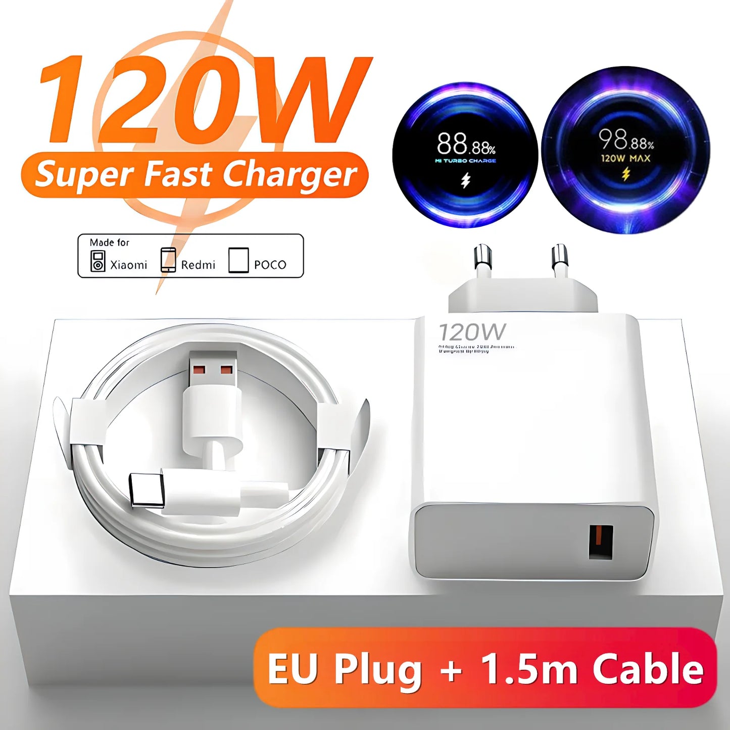 120W 6A EU Fast Wall Charger with Type-C Cable