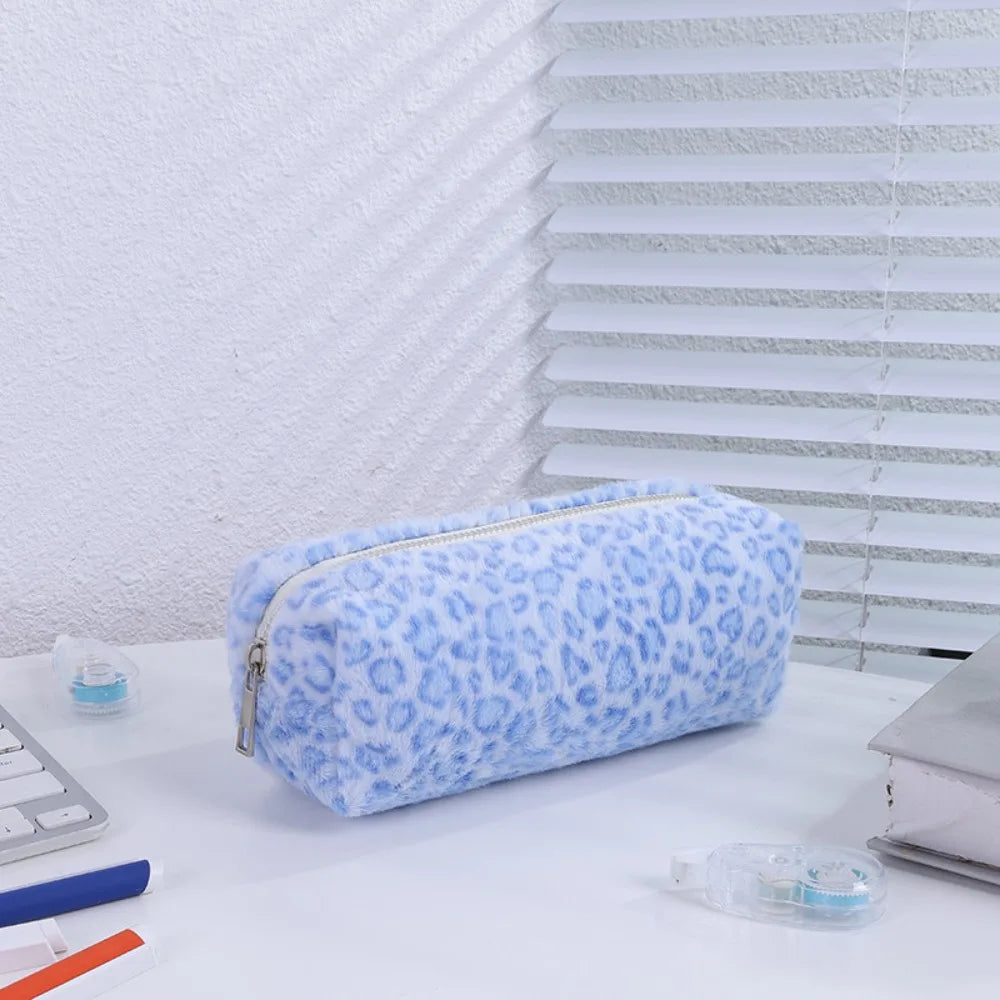 Plush Leopard Print Large Capacity Pencil Case