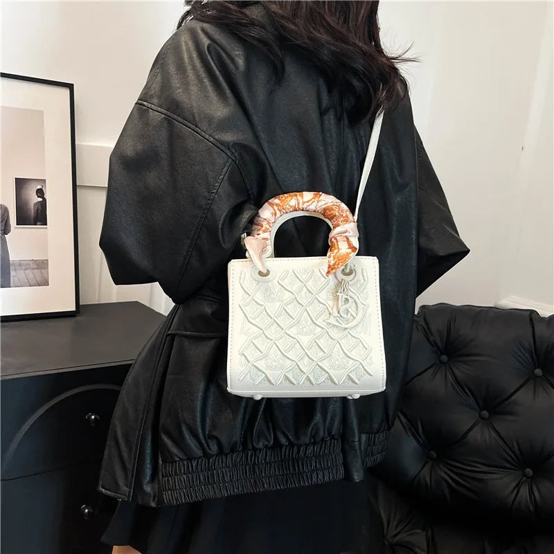 Embroidered Top Handle Crossbody Bag with Scarf