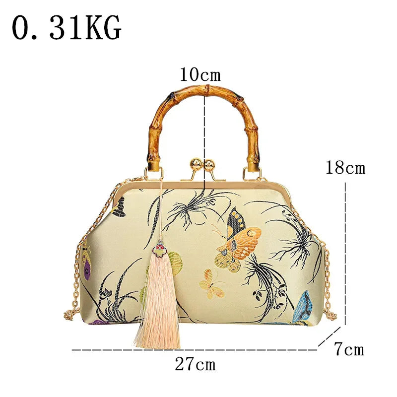 Luxury Embroidered Evening Handbag with Bamboo Handle