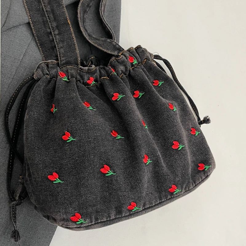 Embroidered Denim Drawstring Shoulder Tote Bag