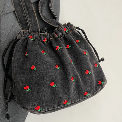 Embroidered Denim Drawstring Shoulder Tote Bag