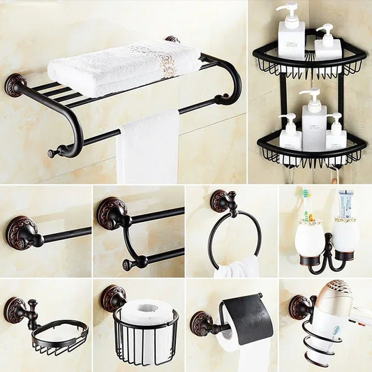 Black Bronze Carved Bathroom Hardware Accessories Set