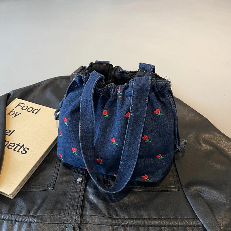Embroidered Denim Drawstring Shoulder Tote Bag