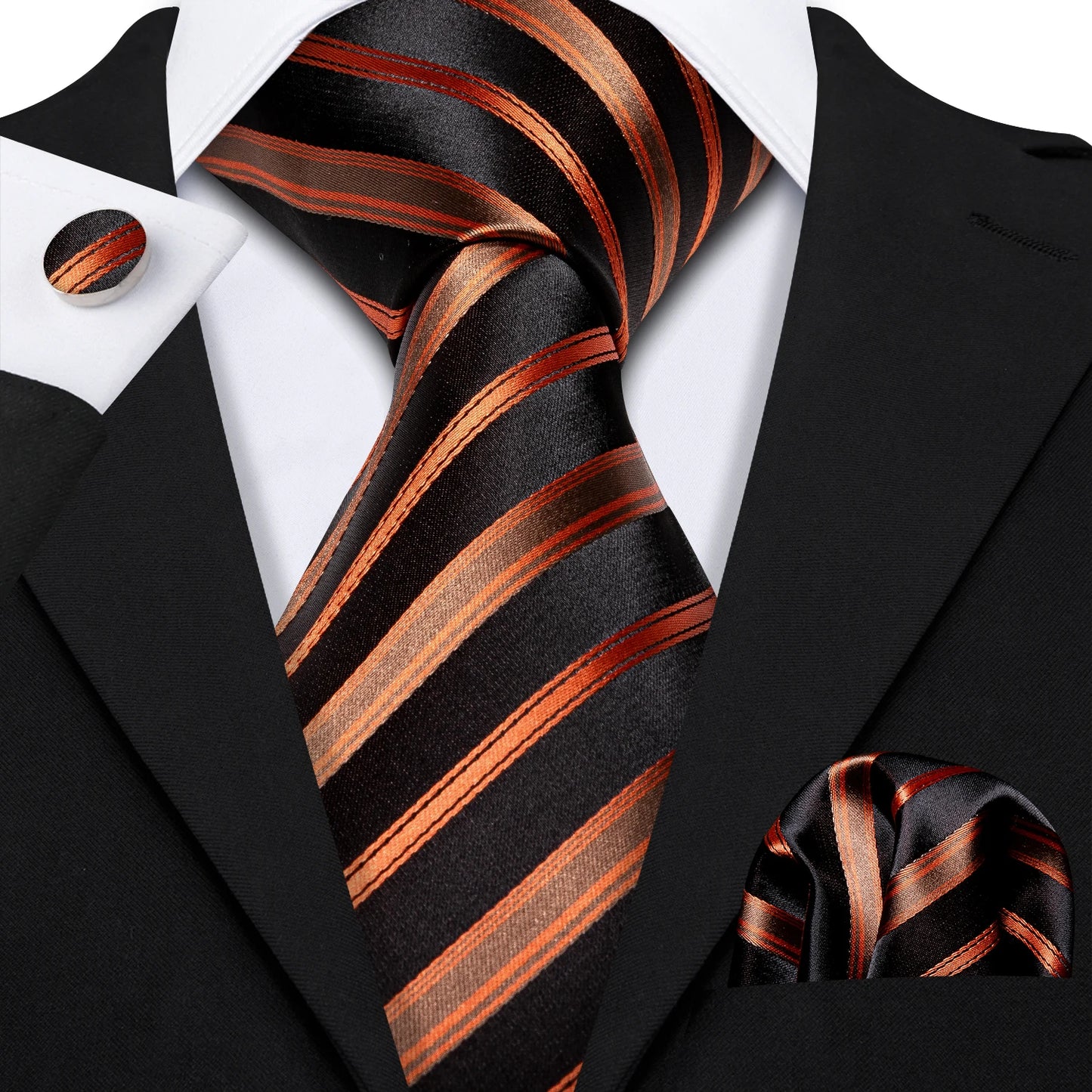 Barry Wang Jacquard Striped Silk Men's Tie Pocket Square Cufflinks Set