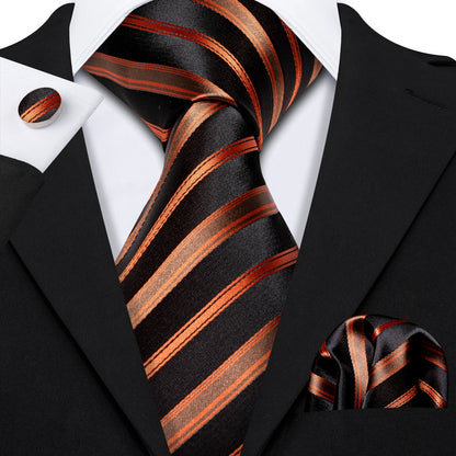 Barry Wang Jacquard Striped Silk Men's Tie Pocket Square Cufflinks Set