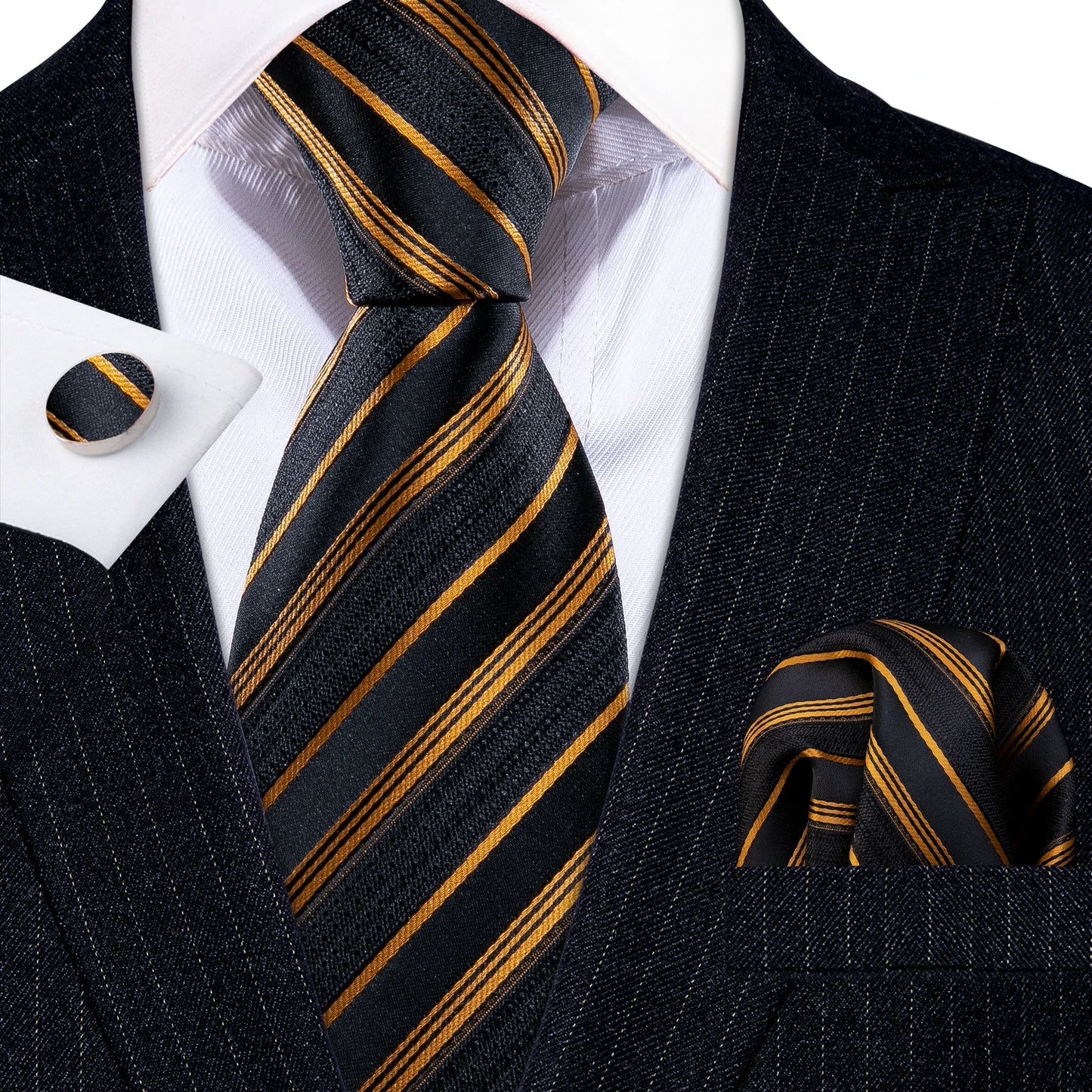 Barry Wang Jacquard Striped Silk Men's Tie Pocket Square Cufflinks Set