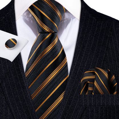 Barry Wang Jacquard Striped Silk Men's Tie Pocket Square Cufflinks Set