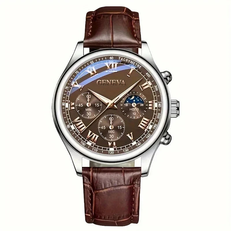 Roman Numeral Leather Strap Quartz Watch