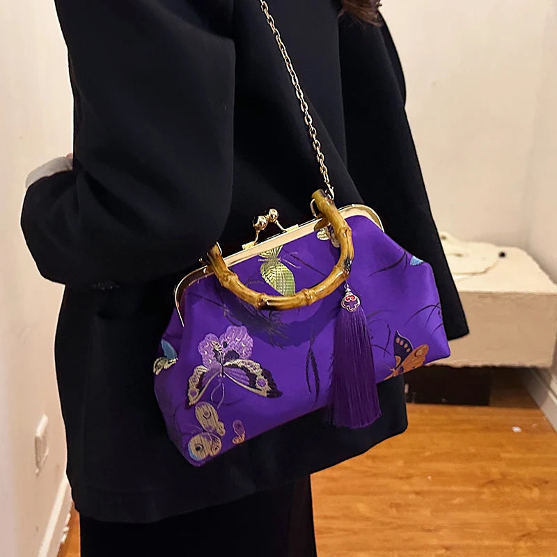 Luxury Embroidered Evening Handbag with Bamboo Handle