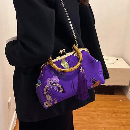 Luxury Embroidered Evening Handbag with Bamboo Handle