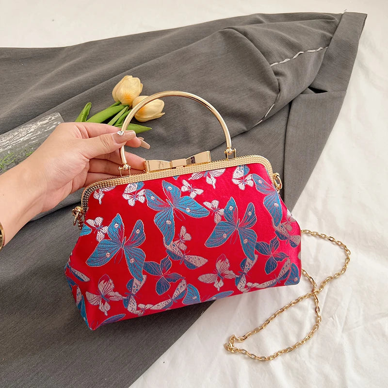 Vintage Embroidered Chain Clutch Handbag