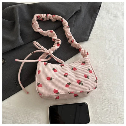 Strawberry Print Corduroy Mini Shoulder Bag