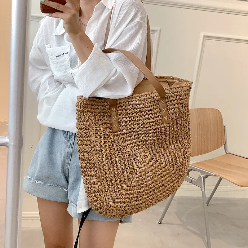 Handmade Woven Straw Beach Tote Bag