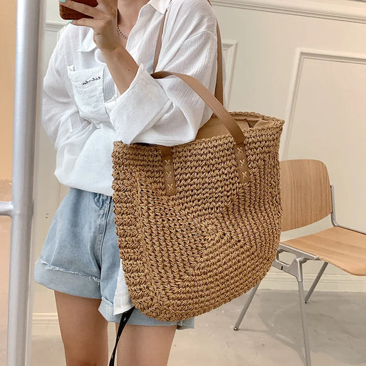 Handmade Woven Straw Beach Tote Bag