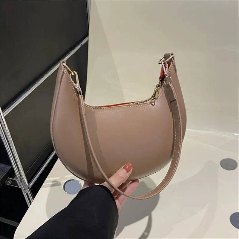 Minimalist PU Leather Crescent Shoulder Handbag
