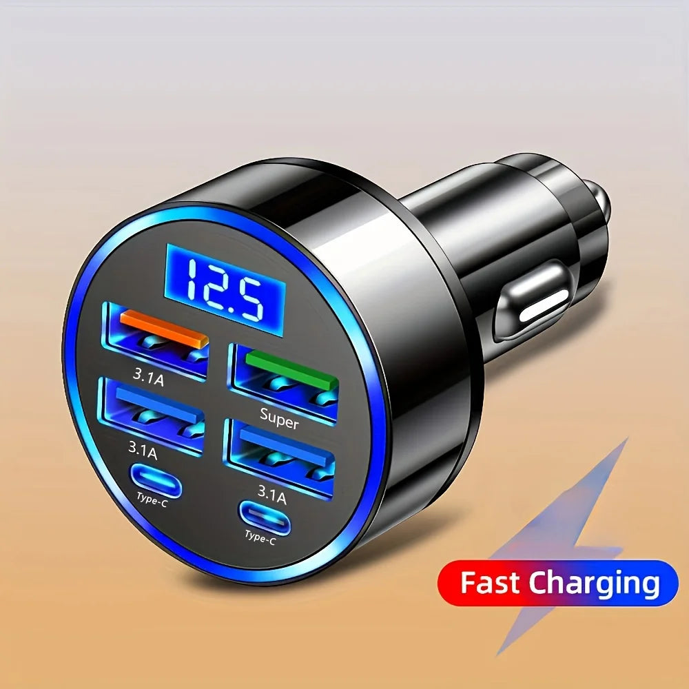 6-in-1 Fast Charging Car Charger with Digital Display