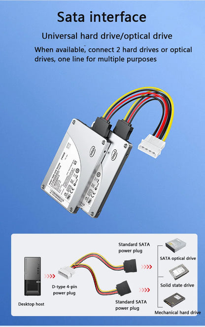Dual SATA 15-Pin & 4-Pin Molex Power Splitter Cable for PC Hard Drives and SSDs