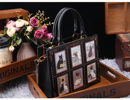 Vintage Cat Print Leather Tote Bag