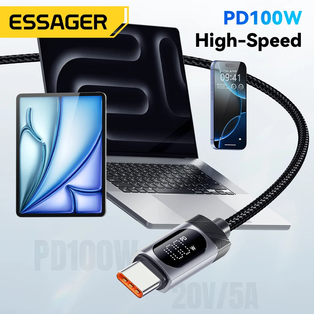 Essager Braided USB-C PD Charging Cable – 100W with Digital Display