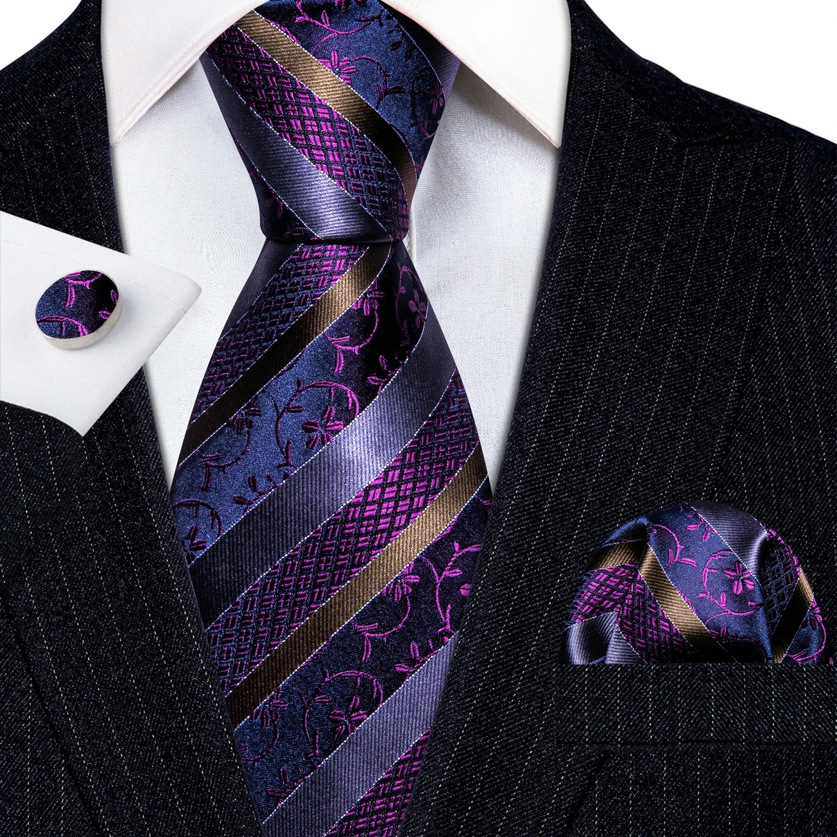 Barry Wang Jacquard Striped Silk Men's Tie Pocket Square Cufflinks Set