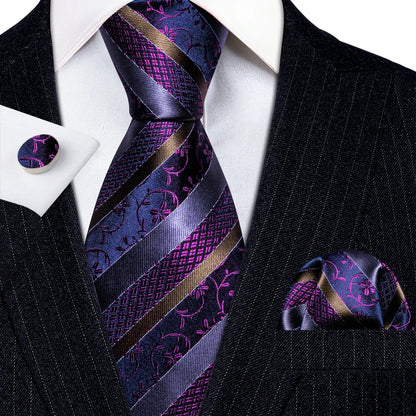 Barry Wang Jacquard Striped Silk Men's Tie Pocket Square Cufflinks Set