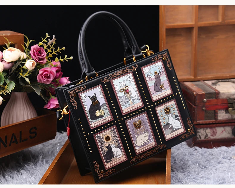 Vintage Cat Print Leather Tote Bag