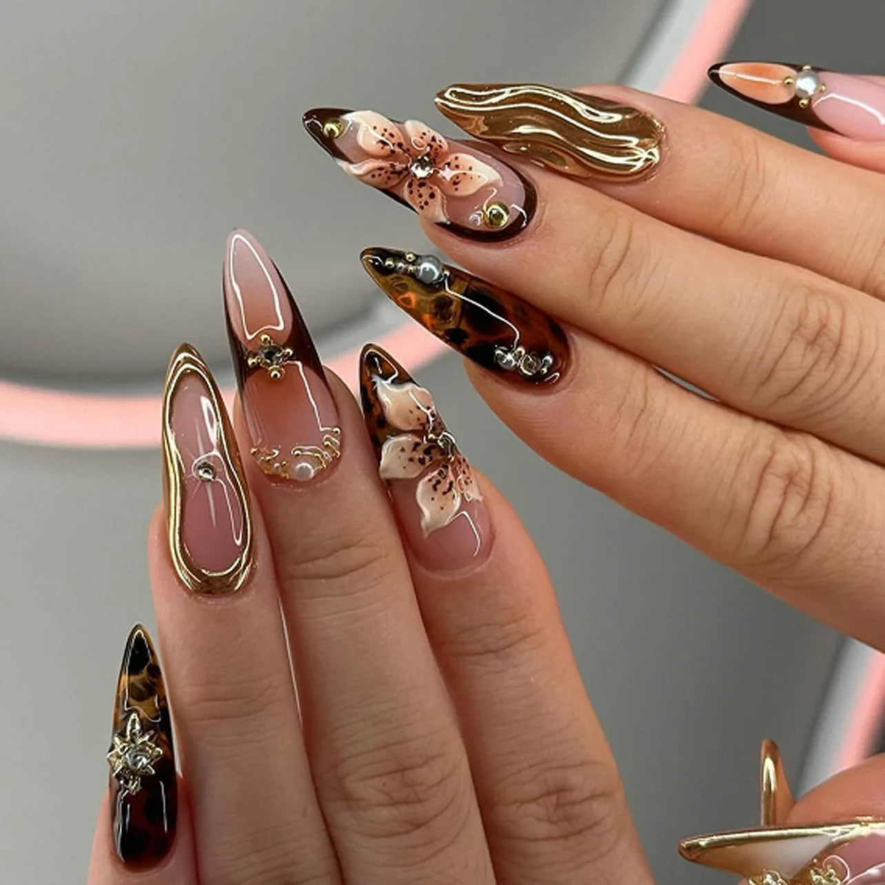 Long Almond Press On False Nails Set
