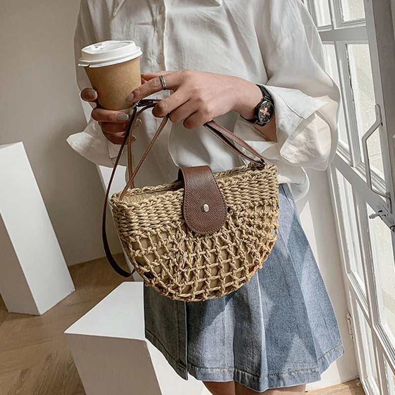 Handmade Half Moon Straw Crossbody Bag