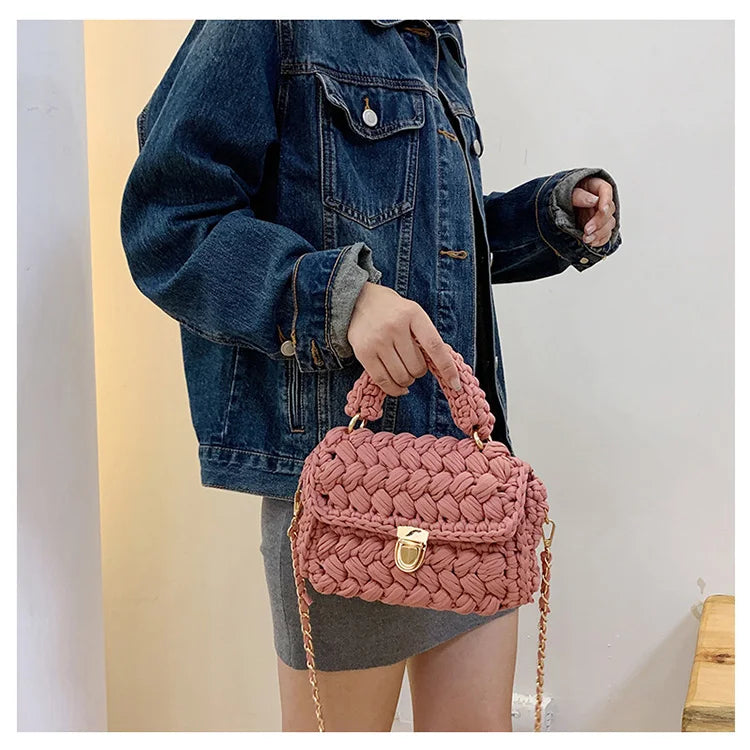 Woven Cotton Chain Crossbody Handbag