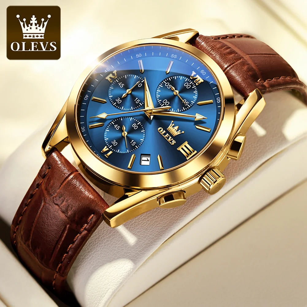 OLEVS 2872 Men's Leather Quartz Watch with Date & Luminous Dial